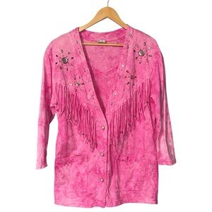 BRIDGE SPORTSWEAR Vintage Boho Fringe Embellished Pink Tie-Dye Cardigan SMALL